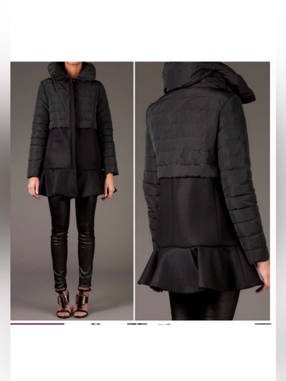 Moncler Rosier Jacket Coat Brushed Wool Down Padded Peplum Hem Black Authentic